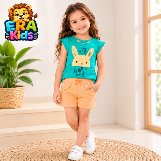 Bunny Print Outfit Set for Girls’ 100% Cotton – Colorful Summer Clothing