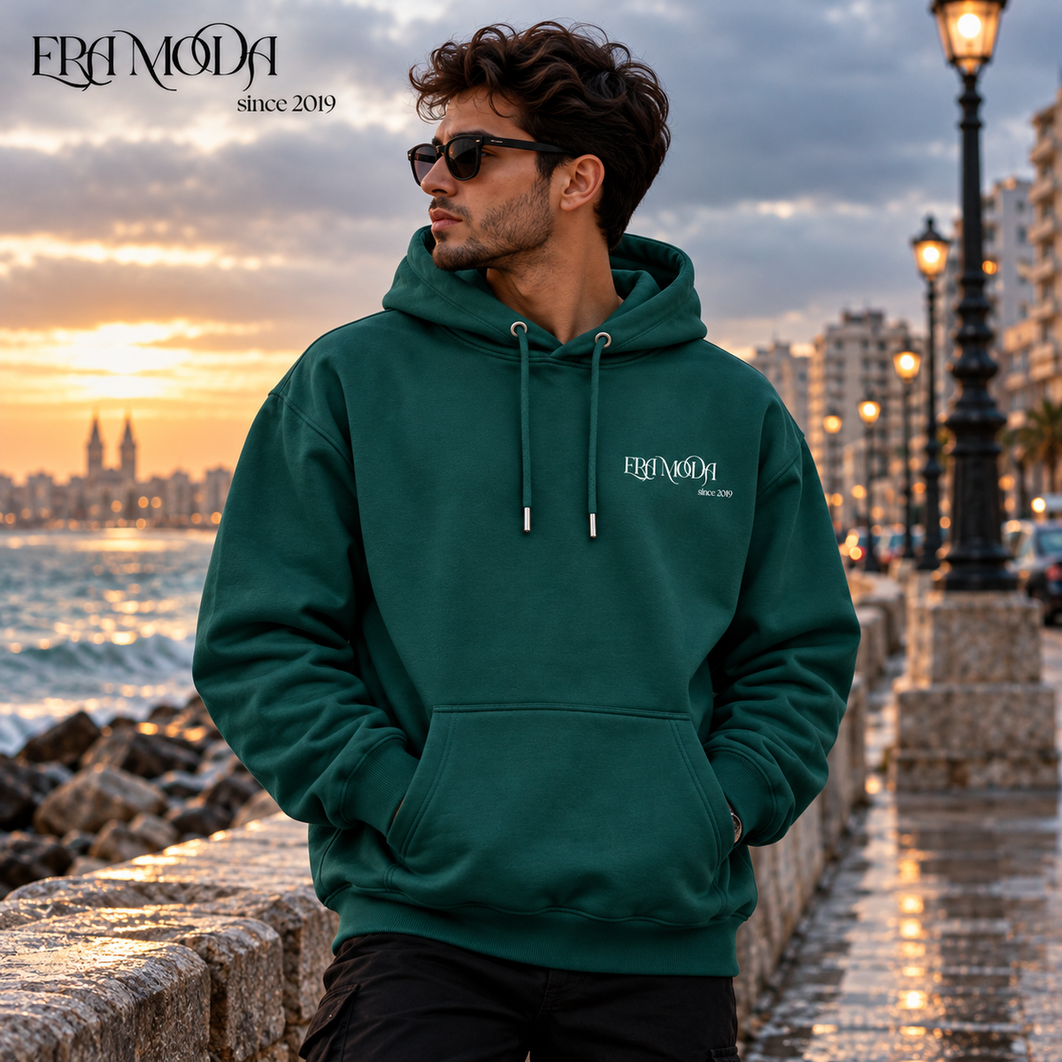 سويت شيرت هودي رجالي بريميوم مبطن بوبرة - لون أخضر زيتوني | ERA MODA