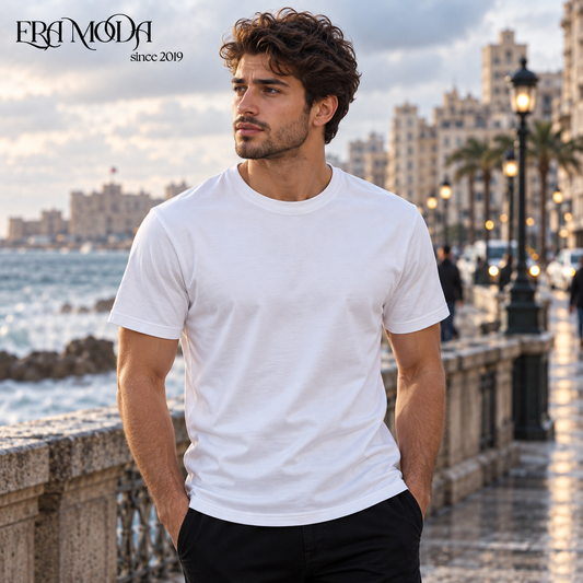 تيشيرت بيزك رجالي قطن بريميوم سادة أبيض وأسود ولبني | ERA Moda
