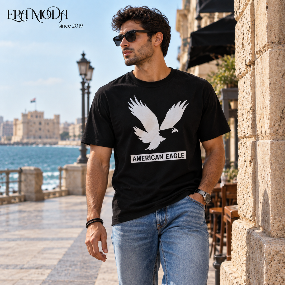 American Eagle Men’s Cotton T-Shirt – Graphic Print | Black & Blue