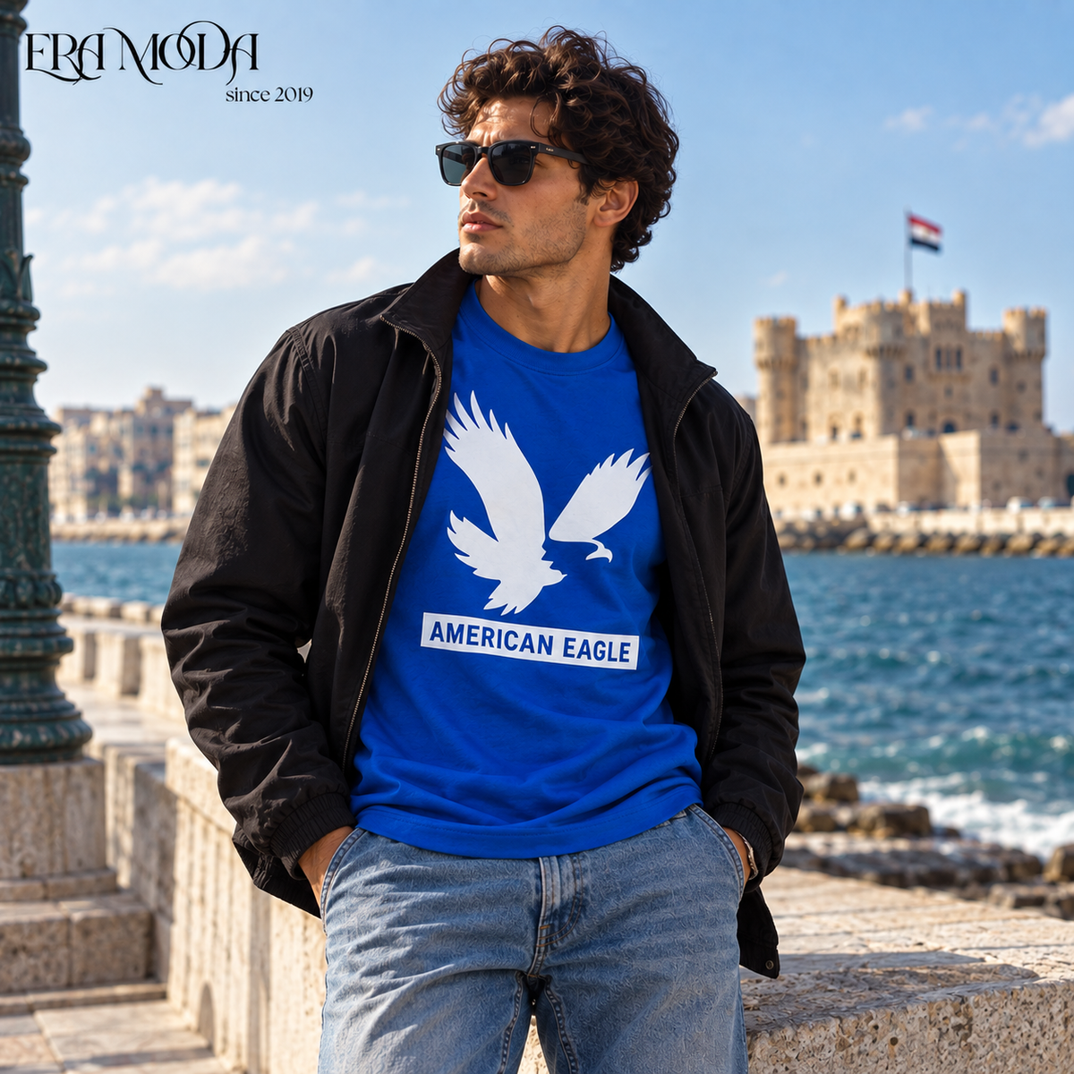 American Eagle Men’s Cotton T-Shirt – Graphic Print | Black & Blue