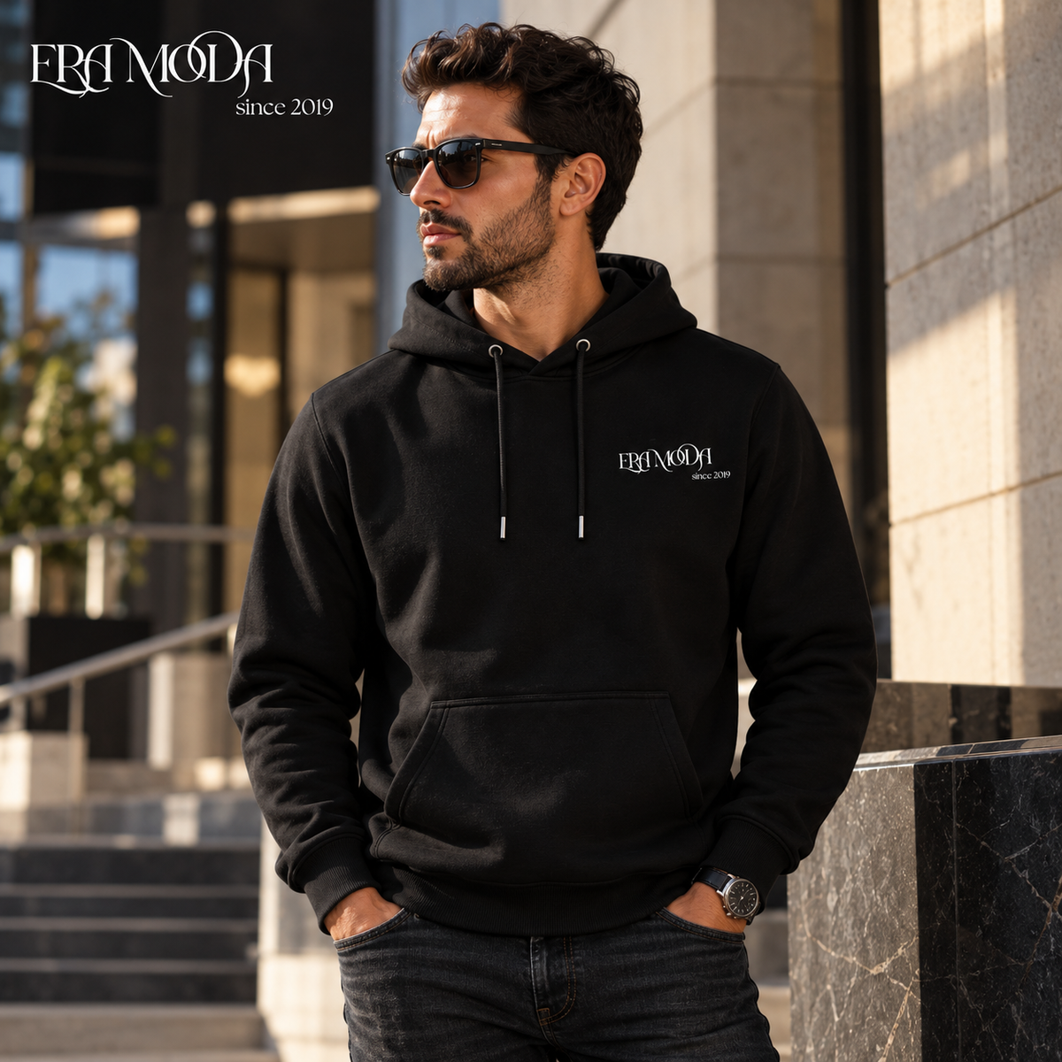 سويت شيرت هودي رجالي بريميوم مبطن بوبرة - لون إسود | ERA MODA