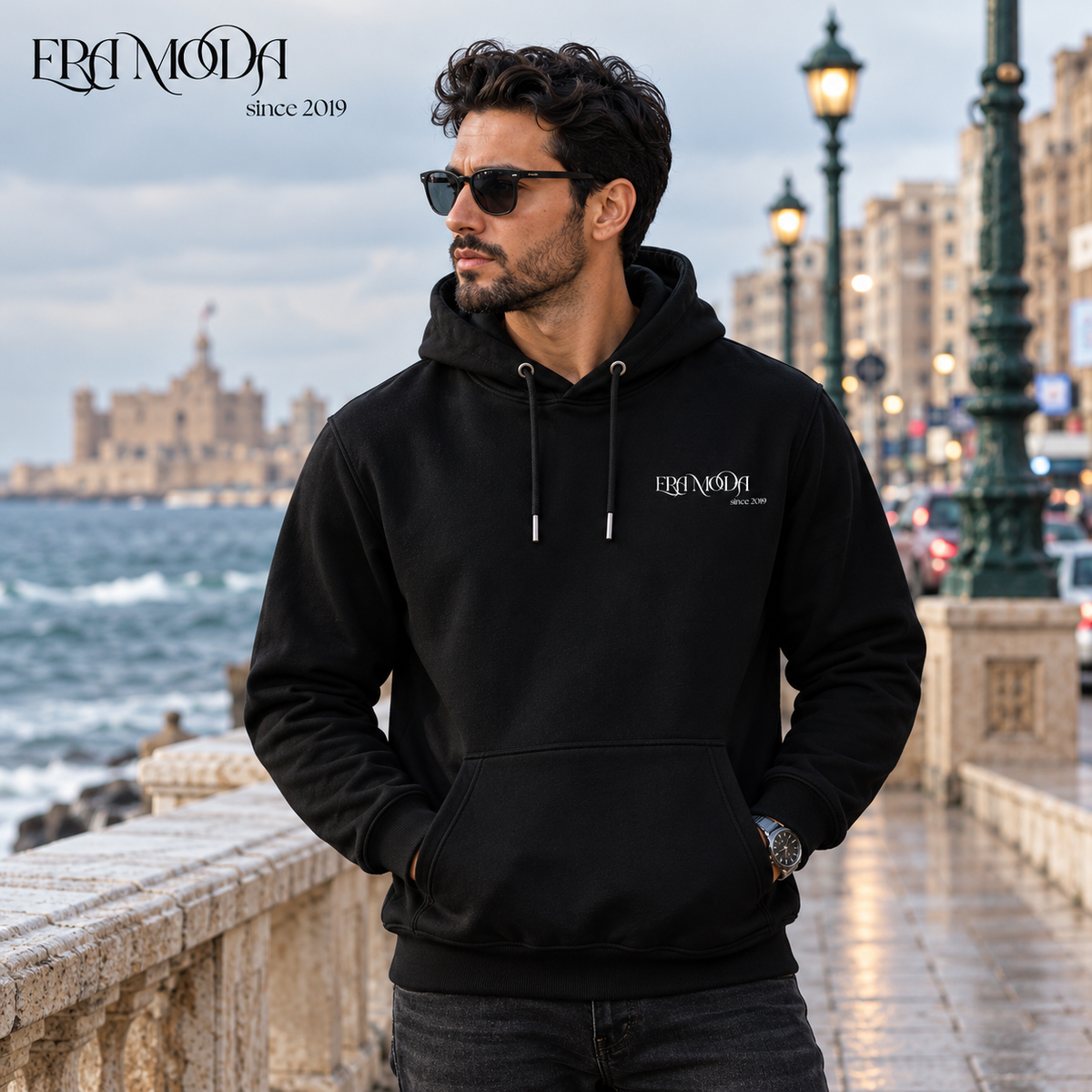 سويت شيرت هودي رجالي بريميوم مبطن بوبرة - لون إسود | ERA MODA