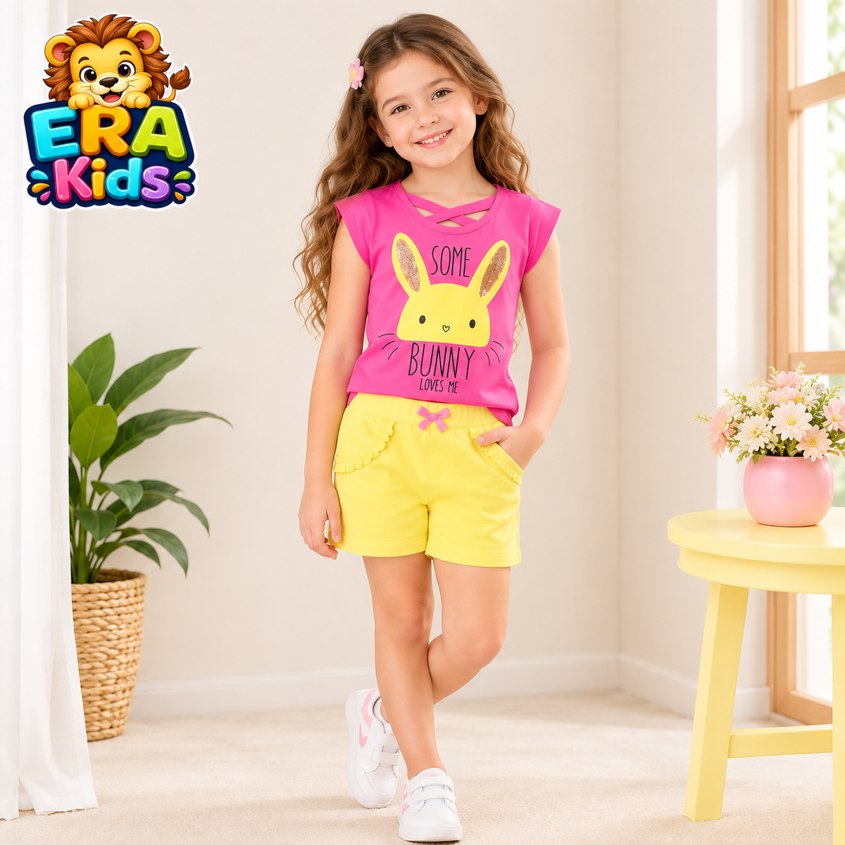 Bunny Print Outfit Set for Girls’ 100% Cotton – Colorful Summer Clothing