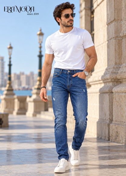 Men’s Dark Blue Distressed Jeans – Regular Fit Denim Pants