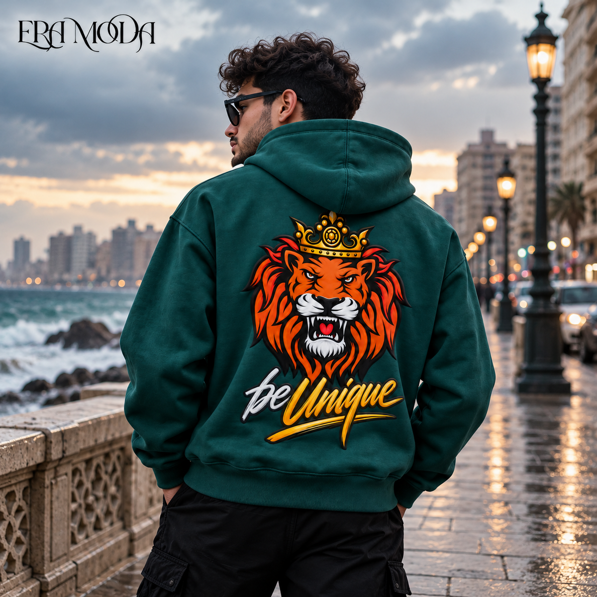 سويت شيرت هودي رجالي بريميوم مبطن بوبرة - لون أخضر زيتوني | ERA MODA