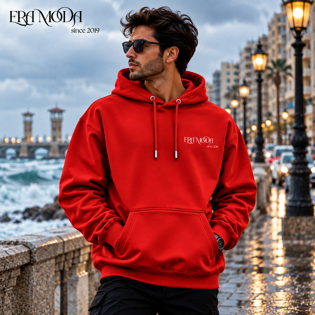 سويت شيرت هودي رجالي بريميوم مبطن بوبرة - لون أحمر | ERA MODA