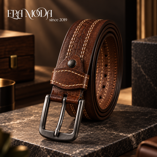 Men’s Genuine Leather Double Stitching Belt – Brown